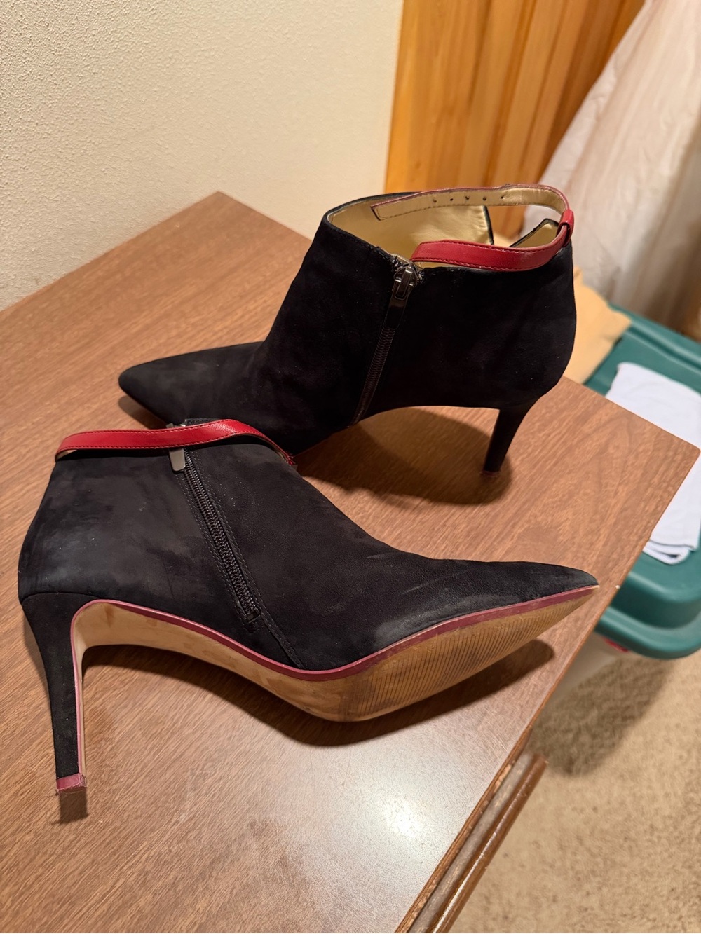 Black Suede Ankle Booties with Red Trim - Women's Heeled Booties
